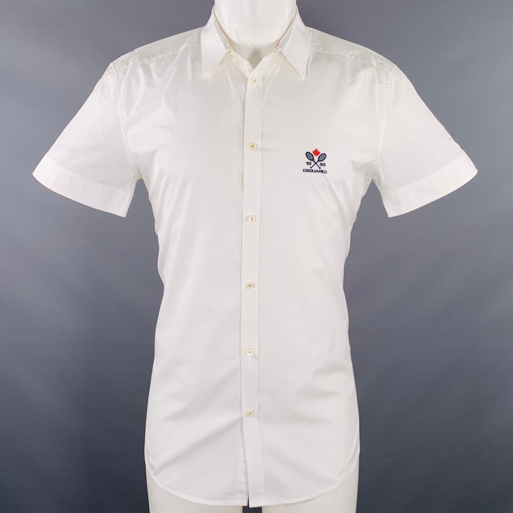 DSQUARED2 Size M White Navy Embroidery Cotton Short Sleeve Shirt